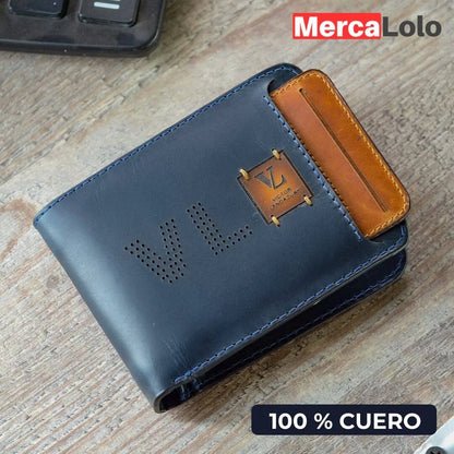 BILLETERA EN CUERO CON PORTA DOCUMENTOS EXTRAÍBLE + LLAVERO EN CUERO