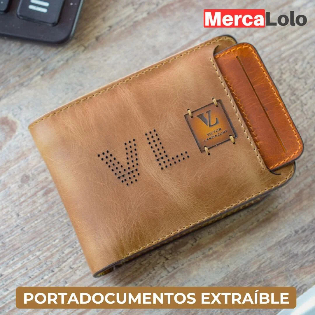 BILLETERA EN CUERO CON PORTA DOCUMENTOS EXTRAÍBLE + LLAVERO EN CUERO