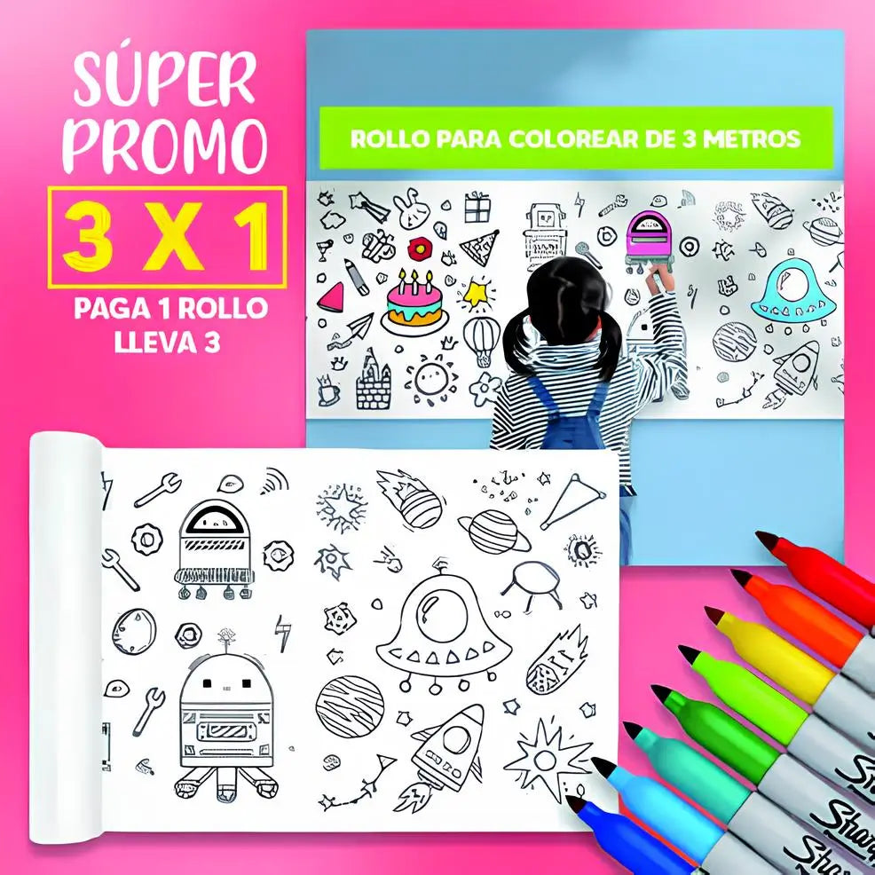OFERTA 3X1 ROLLO PARA COLOREAR DE 3 METROS
