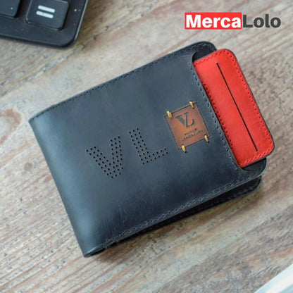 BILLETERA EN CUERO CON PORTA DOCUMENTOS EXTRAÍBLE + LLAVERO EN CUERO