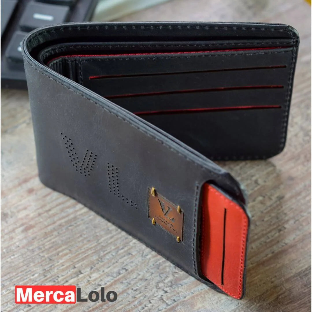 BILLETERA EN CUERO CON PORTA DOCUMENTOS EXTRAÍBLE + LLAVERO EN CUERO