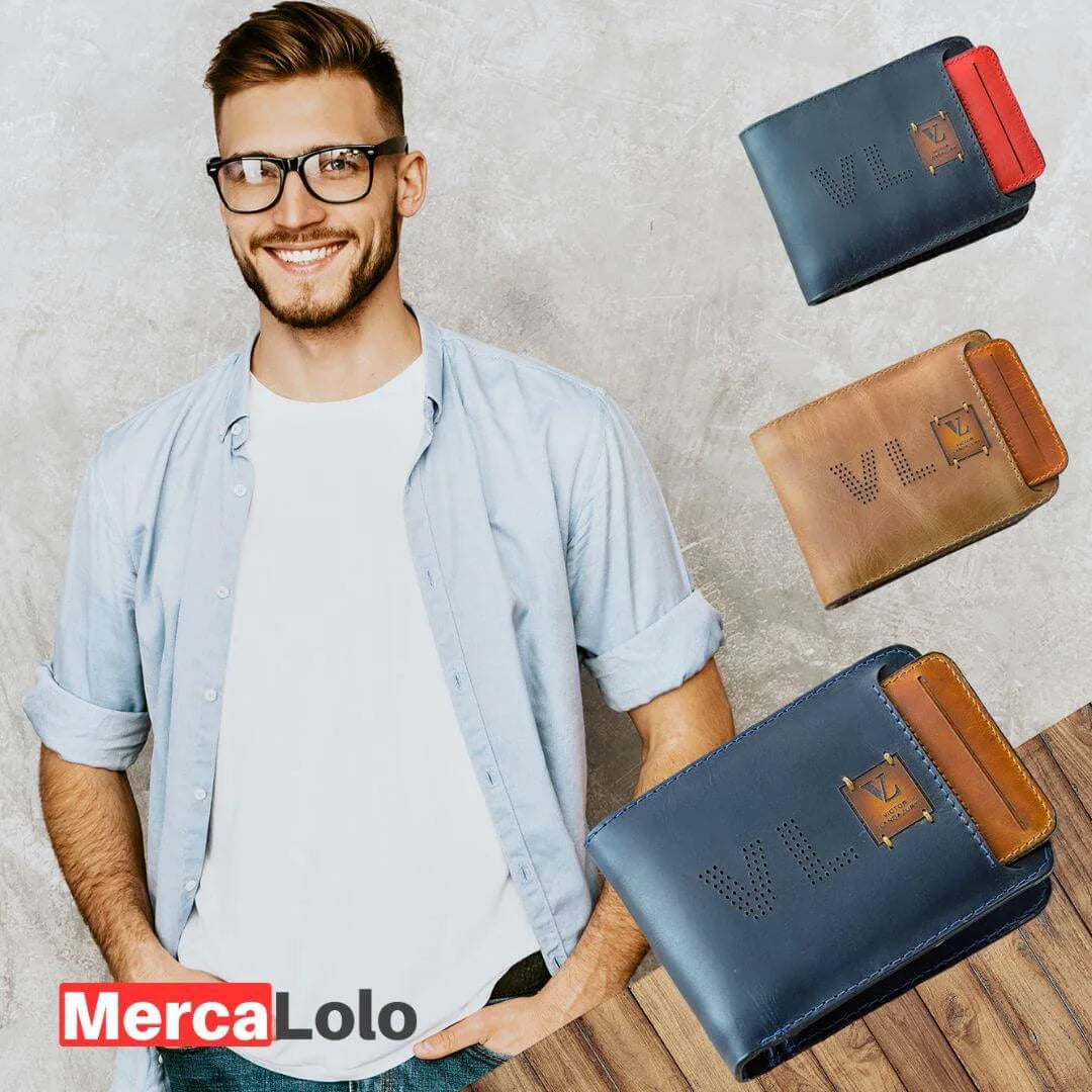 BILLETERA EN CUERO CON PORTA DOCUMENTOS EXTRAÍBLE + LLAVERO EN CUERO