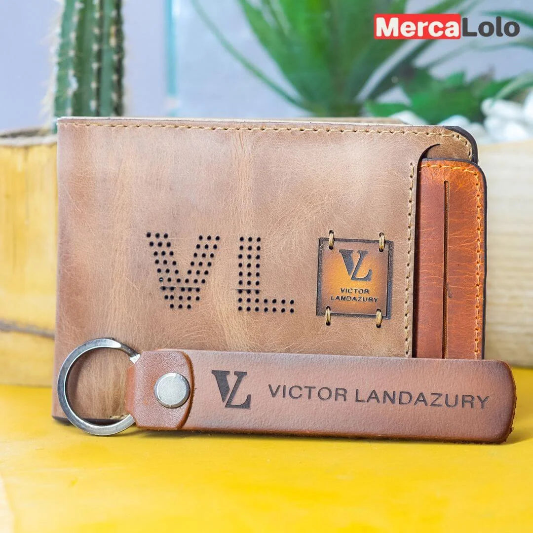 BILLETERA EN CUERO CON PORTA DOCUMENTOS EXTRAÍBLE + LLAVERO EN CUERO